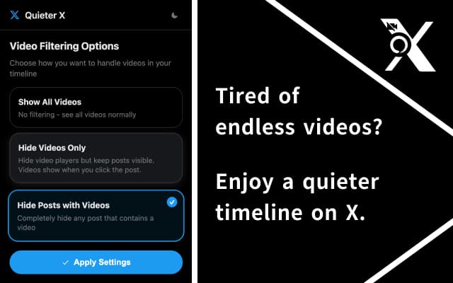 Quieter X extension interface showing video filtering options